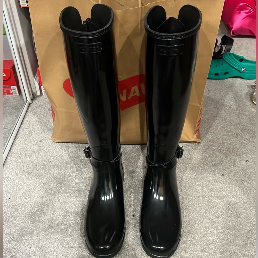 Black tall hunter rain boots